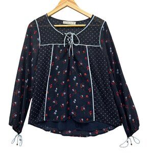 Abercrombie Fitch Floral Top Womens Navy Long Sleeve Tie Neck Long Sleeve Sz XS